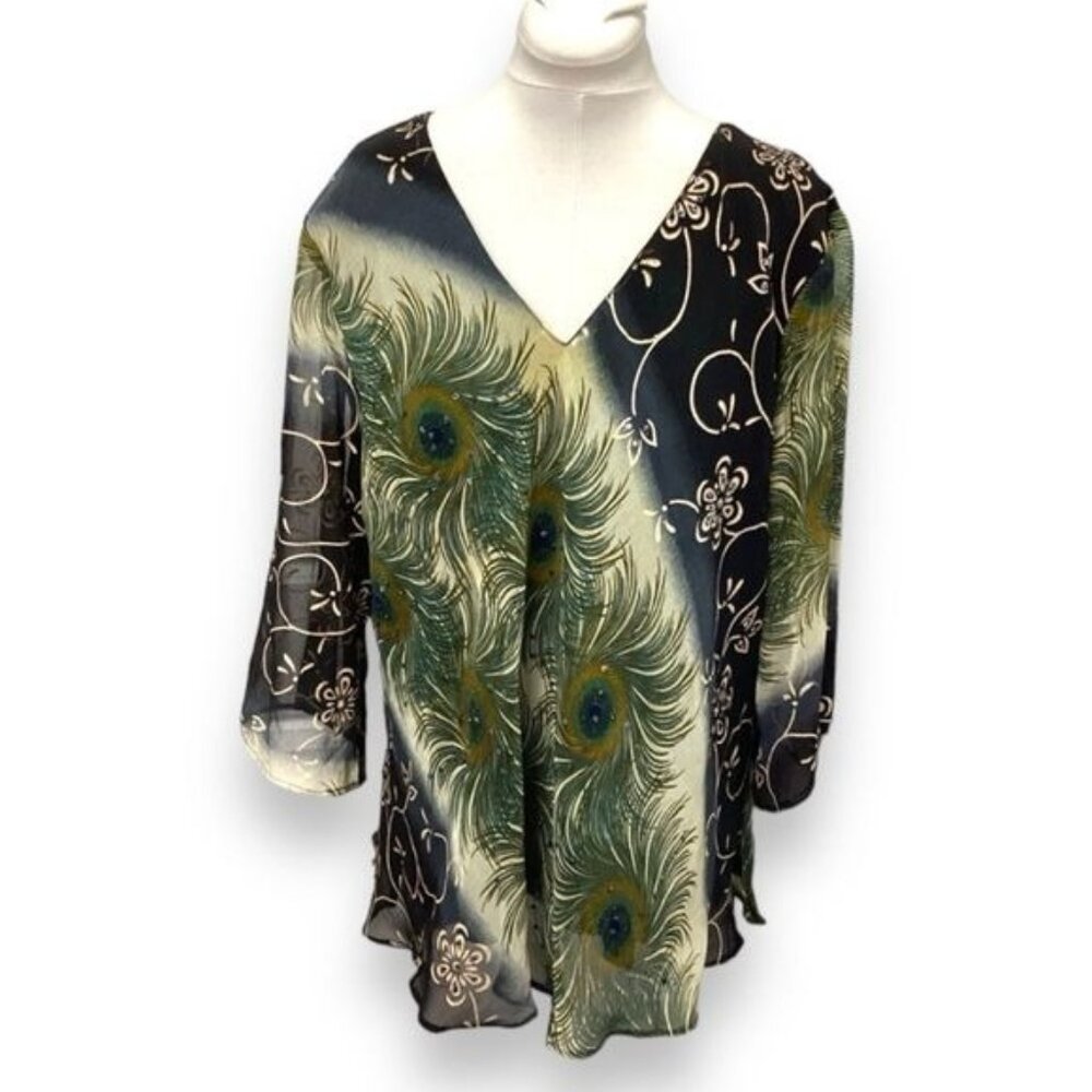 Signature JMB Women’s Flowy Sheer Lined Peacock Tunic, Green, size 3X